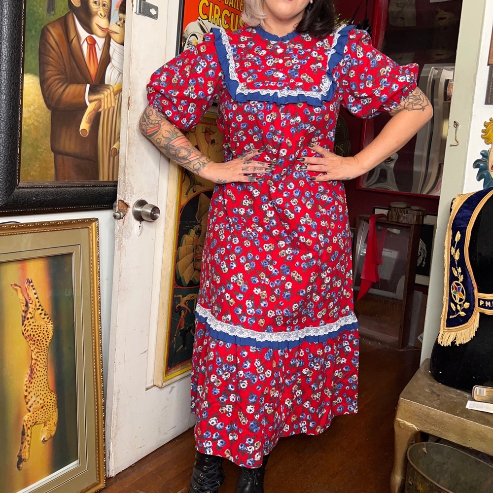 Vintage Good Times Hawaii for Sears Prairie Ruffled Sun Dress Red Blue